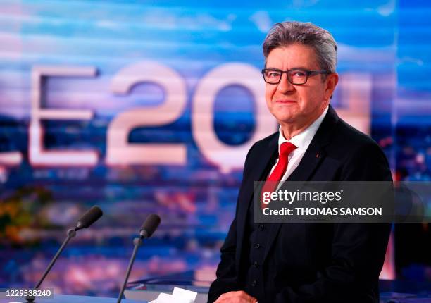 French leftist party La France Insoumise's leader Jean-Luc Melenchon poses at the studios of the French television channel TF1 , prior to announces...