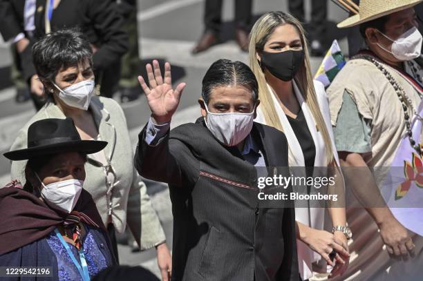 David Choquehuanca, Bolivia's vice president-elect, waves as he arrives for the inauguration ceremony of Luis Arce, Bolivia's incoming president, at...