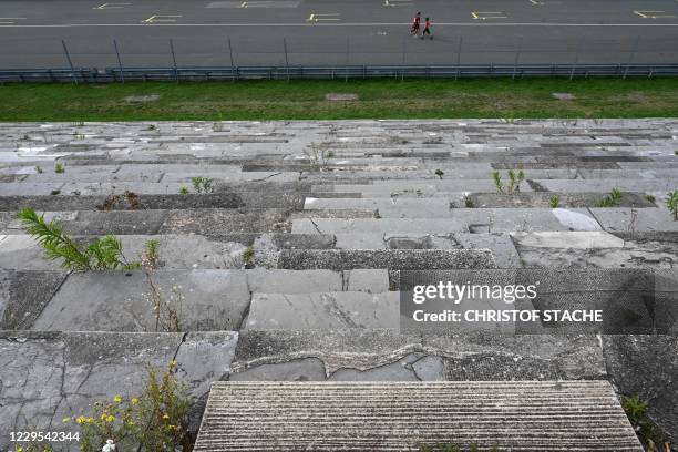 The stairs of the Zeppelinfeld of the Reichsparteitagsgelaende in Nuremberg, southern Germany, on September 24, 2020. - When Nazi ruins begin to...