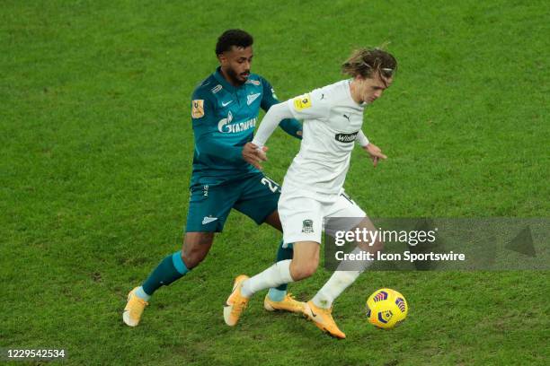 Midfielder Wendel of FC Zenit and midfielder Kristoffer Olsson of FC Krasnodar during Tinkoff Russian Premier Liga match FC Zenit v FC Krasnodar on...