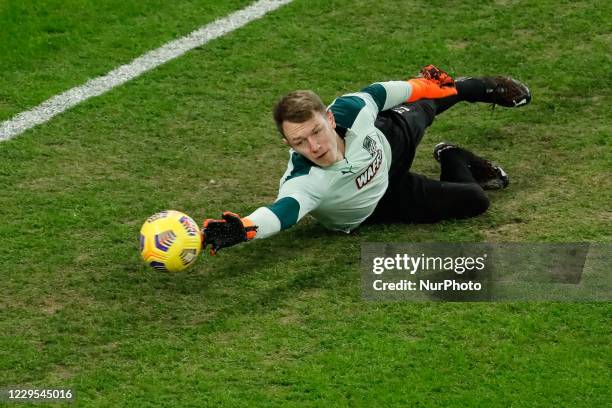 Matvei Safonov of Krasnodar in action during warm-up ahead of the Russian Premier League match between FC Zenit Saint Petersburg and FC Krasnodar on...