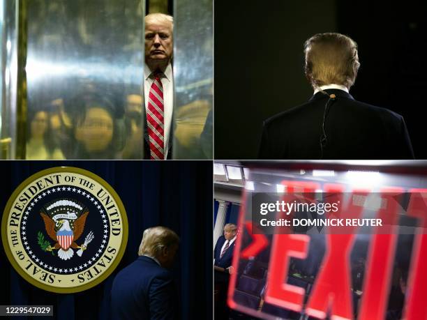This combination of pictures created on November 06, 2020 shows President-elect Donald Trump on January 16, 2017 boarding an elevator in New York...