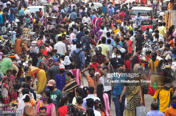 Crowded street of Ranade road for Diwali shopping at Dadar west, on November 8, 2020 in Mumbai, India.