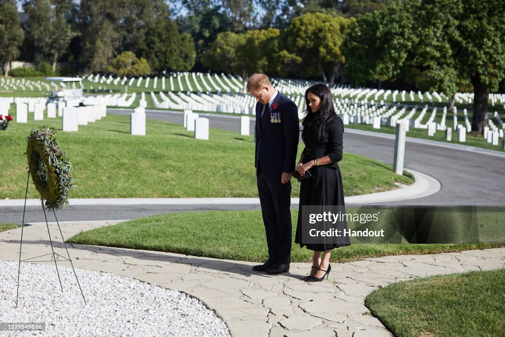 Duke And Duchess Of Sussex Lay Wreath At Los Angeles National Cemetery For Remembrance Sunday