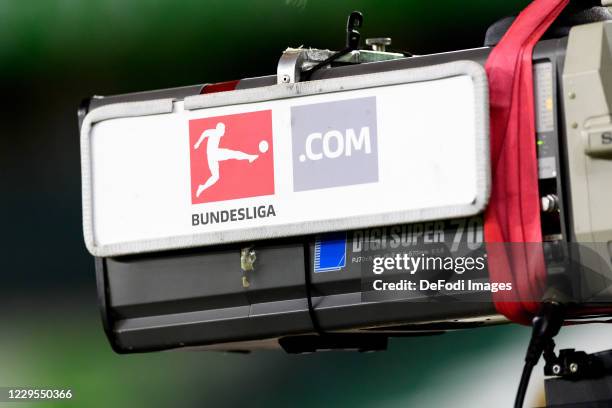 The logo of bundesliga.com is seen during the Bundesliga match between VfL Wolfsburg and TSG Hoffenheim at Volkswagen Arena on November 8, 2020 in...