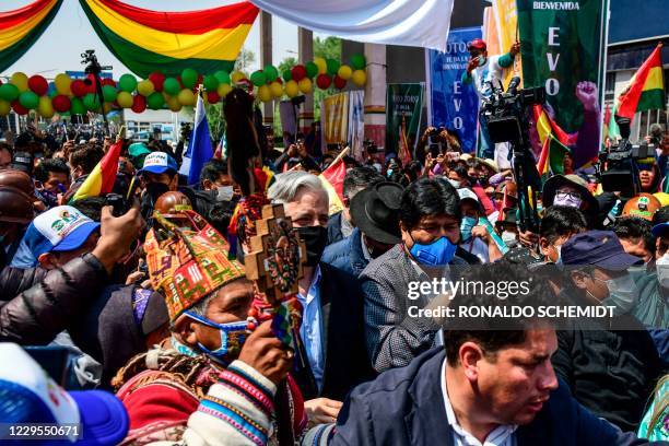 Bolivia's former president Evo Morales is seen with ex-vice-president Alvaro Garcia Linera in Villazon in southern Bolivia, on November 9, 2020 after...