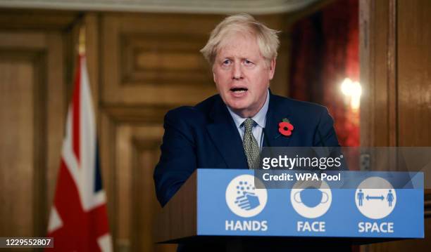 Britain's Prime Minister, Boris Johnson speaks during a virtual press conference on the coronavirus pandemic in the UK inside 10 Downing Street on...
