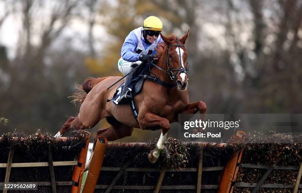 Marada ridden by jockey William Marshall clears a fence on the way to winning the tote.co.uk Ten To Follow Mares' Novices' Hurdle at Huntingdon...