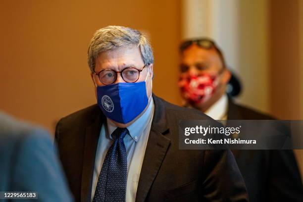 Attorney General William Barr walks out from the office of Senate Majority Leader Mitch McConnell at the US Capitol Building on Monday, Nov. 9, 2020...