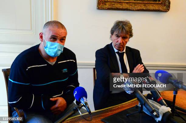 Christophe Ellul, companion of late Elisa Pilarski and owner of the dog Curtis accused of having killed her, and his lawyer Alexandre Novion give a...