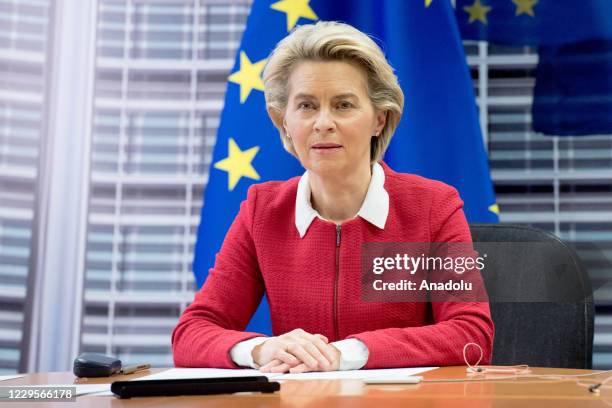 European Commission President Ursula von der Leyen makes a speech as she attends a virtual news conference on security issues with French President...