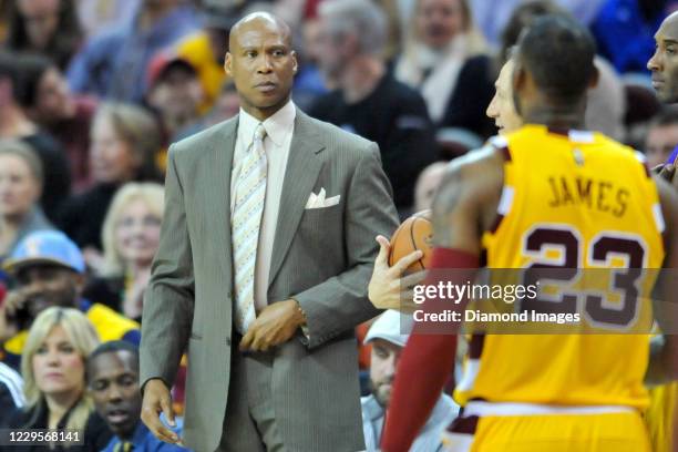 Head coach Byron Scott of the Los Angeles Lakers looks on in the first half of a game against the Cleveland Cavaliers at Quicken Loans Arena on...