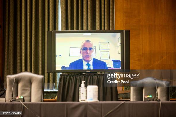Former FBI Deputy Director Andrew McCabe appears remotely during a Senate Judiciary Committee hearing about the Crossfire Hurricane investigation on...