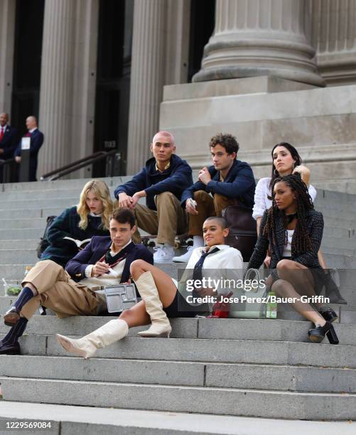 Eli Brown, Zion Moreno, Jordan Alexander, Tavi Gevinson, Emily Alyn Lind, Savannah Smith and Thomas Doherty are seen on the set of "Gossip Girl" on...