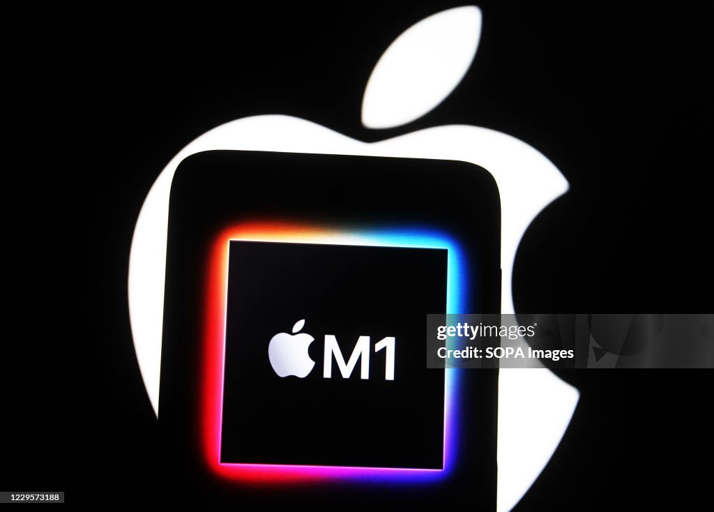 In this photo illustration the Apple M1 chip computer logo...