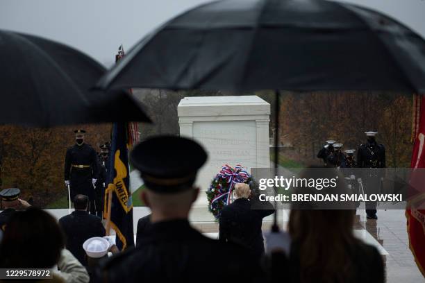 President Donald Trump attends a "National Day of Observance" wreath laying ceremony on November 11, 2020 at Arlington National Cemetery in...