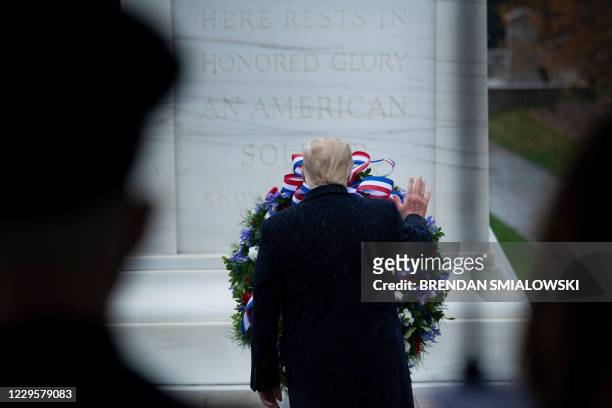 President Donald Trump attends a "National Day of Observance" wreath laying ceremony on November 11, 2020 at Arlington National Cemetery in...