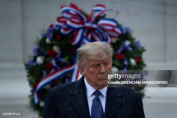 President Donald Trump attends a "National Day of Observance" wreath laying ceremony on November 11, 2020 at Arlington National Cemetery in...