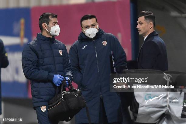 Mirel Radoi head coach of Romania and Catalin Gheorghiu team manager react during the international friendly match between Romania and Belarus at...