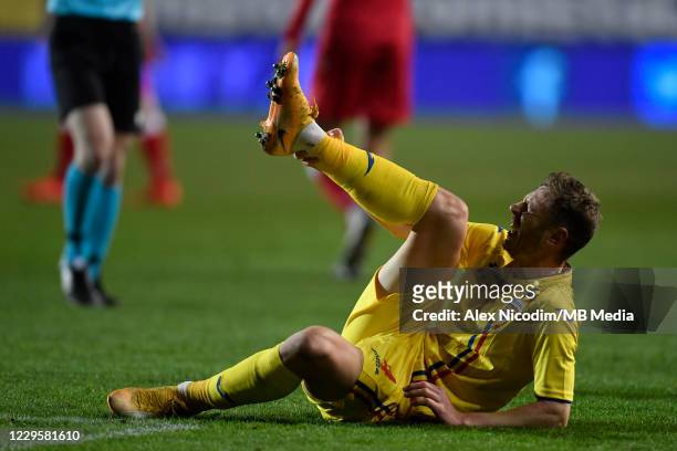Bogdan Mitrea of Romania reacts during the international friendly match between Romania and Belarus at Ilie Oana stadium on November 11, 2020 in...