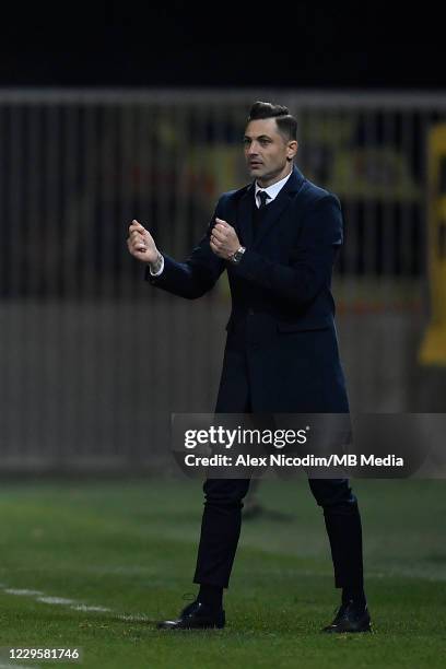 Mirel Radoi head coach of Romania reacts during the international friendly match between Romania and Belarus at Ilie Oana stadium on November 11,...