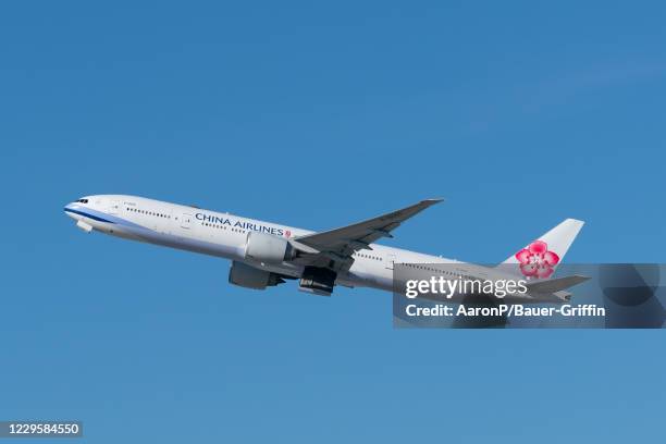 China Airlines Boeing 777-ER takes off from Los Angeles international Airport on November 11, 2020 in Los Angeles, California.
