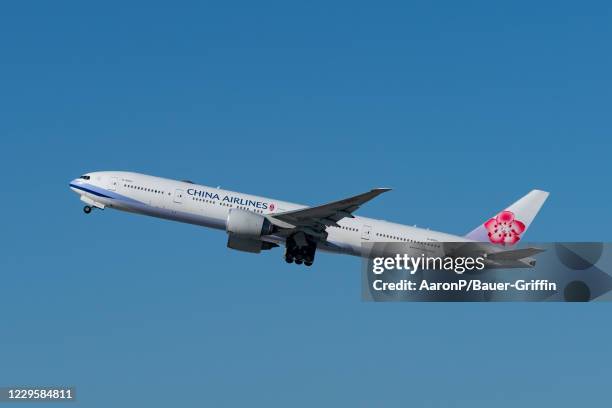 China Airlines Boeing 777-ER takes off from Los Angeles international Airport on November 11, 2020 in Los Angeles, California.