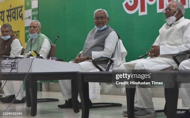 Bihar Chief Minister Nitish Kumar addresses a press conference at JDU office, on November 12, 2020 in Patna, India. Breaking his silence for the...