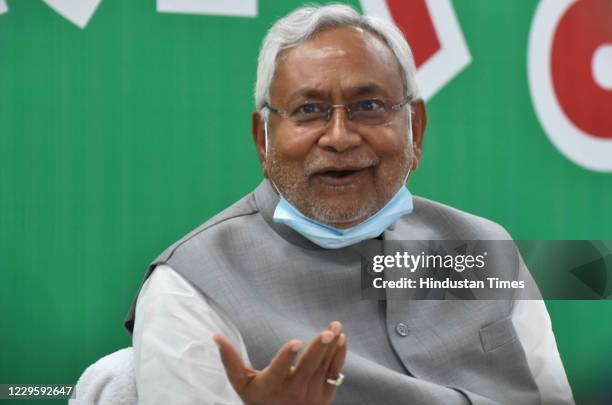 Bihar Chief Minister Nitish Kumar addresses a press conference at JDU office, on November 12, 2020 in Patna, India. Breaking his silence for the...