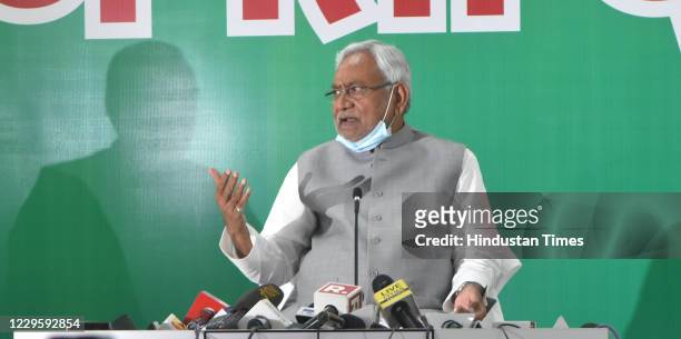 Bihar Chief Minister Nitish Kumar addresses a press conference at JDU office, on November 12, 2020 in Patna, India. Breaking his silence for the...
