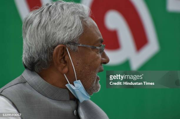 Bihar Chief Minister Nitish Kumar addresses a press conference at JDU office, on November 12, 2020 in Patna, India. Breaking his silence for the...
