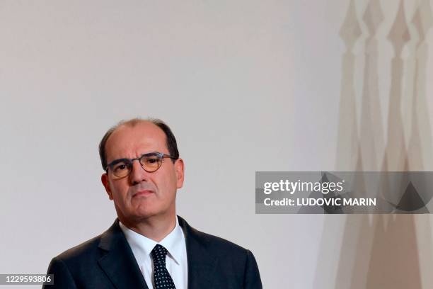 French Prime Minister Jean Castex delivers a press conference at the French Health Ministry in Paris on November 12 nearly two weeks into a second...