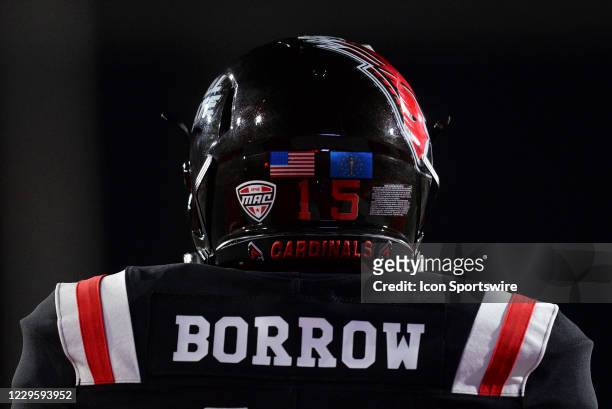 View of the name on the back of the jersey of Ball State Cardinals punter Lucas Borrow during the Mid-American Conference football game between the...