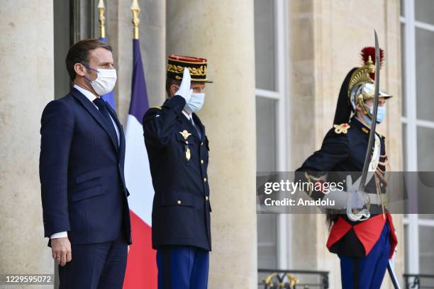 French President Emmanuel Macron is seen as he receives Senegalese President Macky Sall, European Council President Charles Michel and Managing...