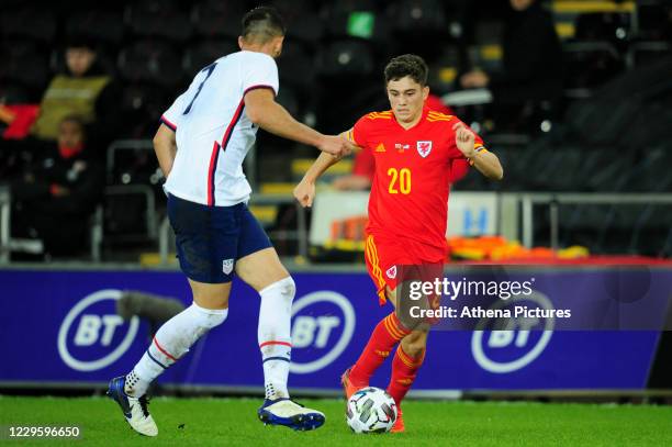 Daniel James of Wales in action during the international friendly match between Wales and USA at the Liberty Stadium on November 12, 2020 in Swansea,...