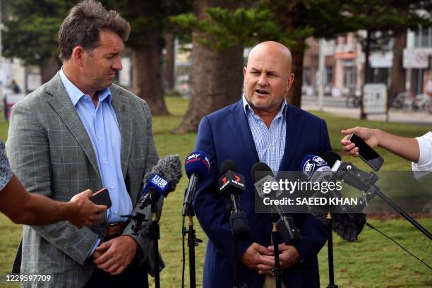 Rugby Australia interim chief executive Rob Clarke speaks at a press conference with New Zealand Rugby chief executive Mark Robinson on Manly Beach...