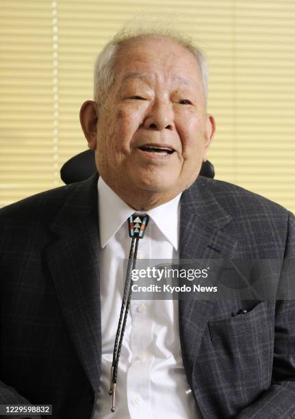 Japanese scientist Masatoshi Koshiba, seen in this photo taken in October 2008 while giving an interview in Tokyo, died on Nov. 12 at age of 94, the...