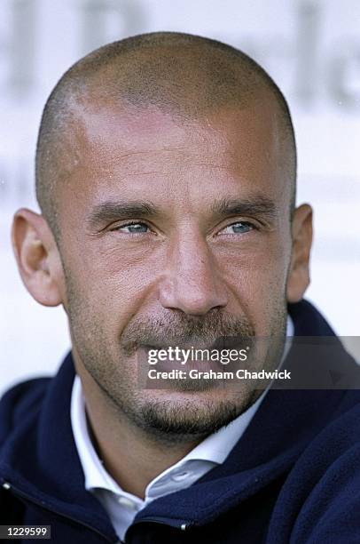 Gianluca Vialli the manager of Chelsea in action during the FA Carling Premiership match against Leicester City played at Filbert Street in...