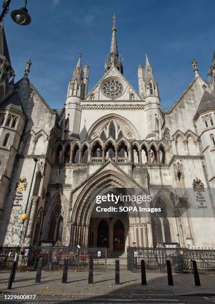 View of the main entrance to the Royal Courts of Justice in London.