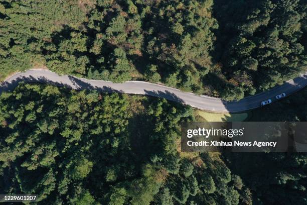 Nov. 12, 2020 -- Aerial photo taken on Nov. 12, 2020 shows the view of Leigong Mountain National Forest Park in Leishan County of Qiandongnan Miao...