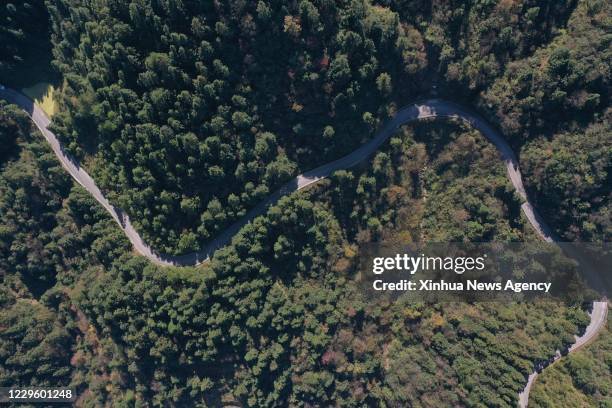 Nov. 12, 2020 -- Aerial photo taken on Nov. 12, 2020 shows the view of Leigong Mountain National Forest Park in Leishan County of Qiandongnan Miao...