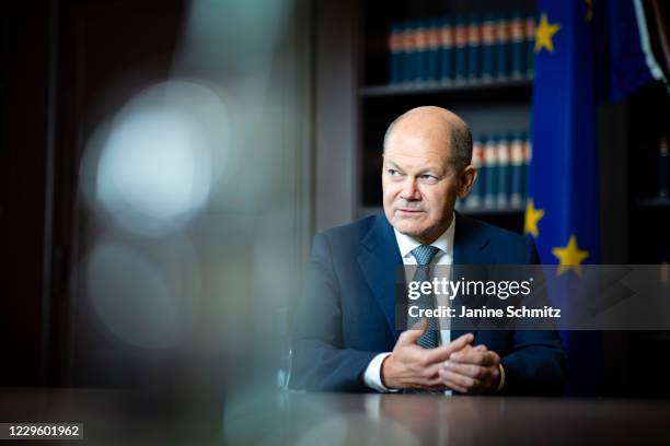 German Finance Minister Olaf Scholz is pictured during an interview on November 09, 2020 in Berlin, Germany.