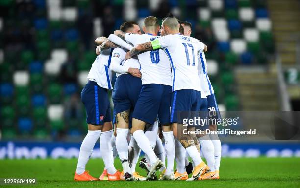 Belfast , United Kingdom - 12 November 2020; Slovakia players celebrate their side's first goal scored by Juraj Kucka during the UEFA EURO2020...