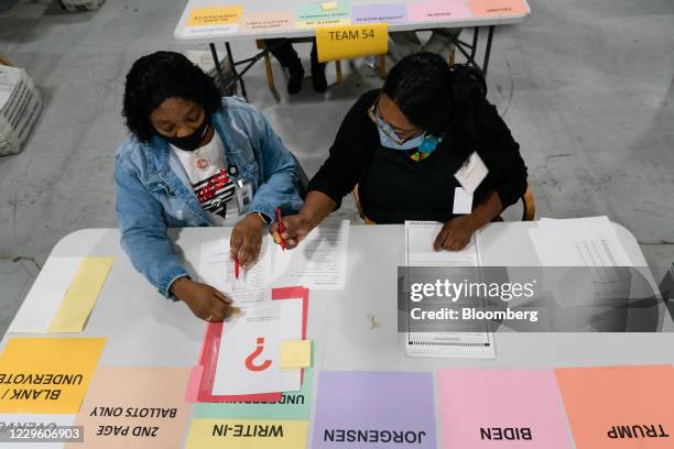 People wearing protective masks hand count 2020 Presidential election ballots during an audit at the Gwinnett County Voter Registration office in...
