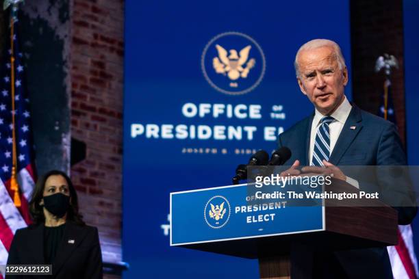 November10, 2020: President- elect Joe Biden answer questions from the press at the Queen in Wilmington, DE on November 10, 2020.
