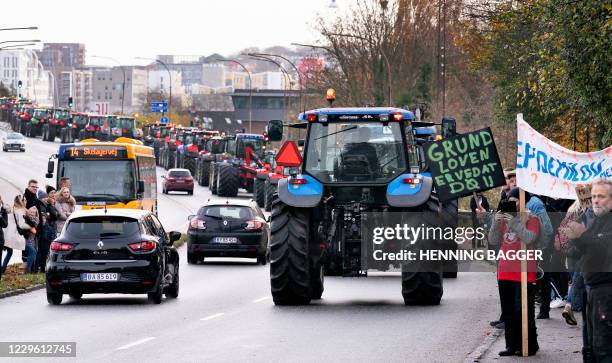 Farmers on tractors gather on November 14, 2020 in Aalborg, northwestern Denmark, during a rally against the Danish governments' unconstitutional...