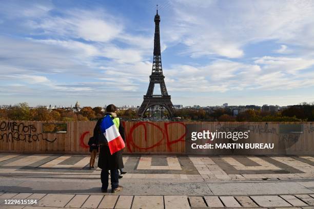 Yellow vests" protestor hold a French flag during a demonstration for the second anniversary of the movement at the Trocadero, near the Eiffel Tower,...