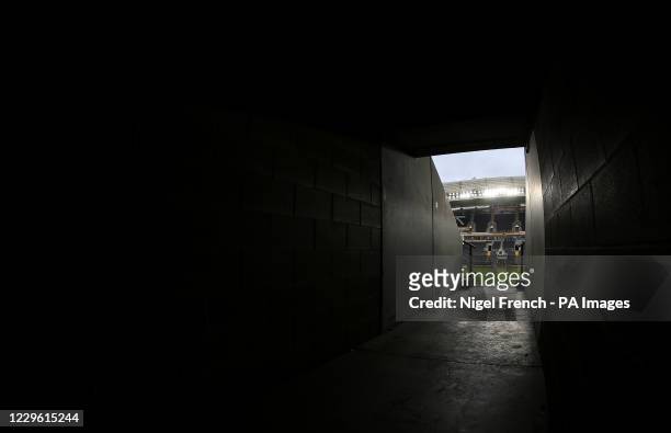 View of the pitch from a tunnel in the stands during the Sky Bet League One match at the KCOM Stadium, Kingston upon Hull.