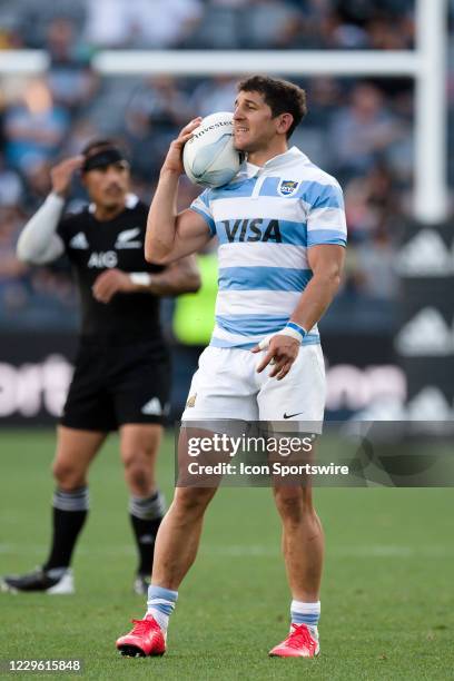 Tomas Cubelli of the Pumas calls to his teammates during the Tri-Nations round 3 rugby match between the New Zealand All Blacks and Argentina Pumas...
