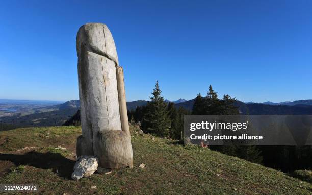 November 2020, Bavaria, Rettenberg: A female hiker rests behind the two-meter-high wooden penis sculpture on the ridge of the Grünten. The unusual...